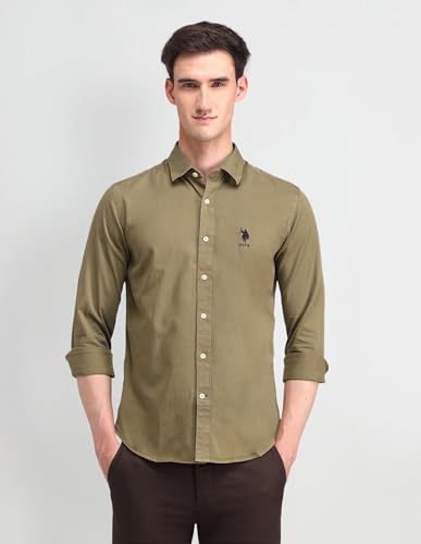 Image of U.S. Polo ASSN. Solid Slim Fit Shirts for Men - 100% Cotton, Full Sleeve Mens Casual Shirts