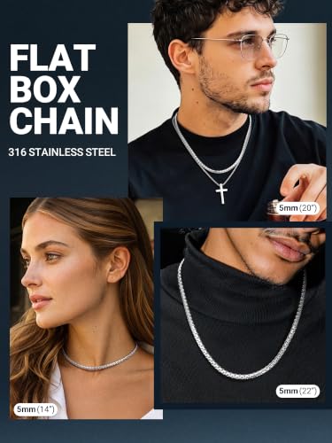 Image of PROSTEEL Stainless Steel Flat Box Link Chain Necklace for Men