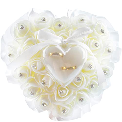 Auear, White Wedding Ring Pillow Heart Shape Wedding Ring Box Lace Crystal Rose Wedding Ceremony Ring Holder For Ceremonies #TOP19