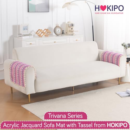 Image of HOKIPO Sofa Arm Cover with Tassel | 300 GSM Thick Cotton Acrylic Jacquard Armrest Mat, 50x70 cm, Pack of 2,'Trivana Series' Periwinkle Blue (IN-931-J5*2)