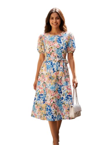 Image of HELLCAT Women Floral Fit & Flare Midi Dress | Round Neck, Puff Short Sleeve, Waist Tie-Up Belt | Casual Brunch Wear, Western One Piece, A-Line Long Frock, Summer Party Outfit