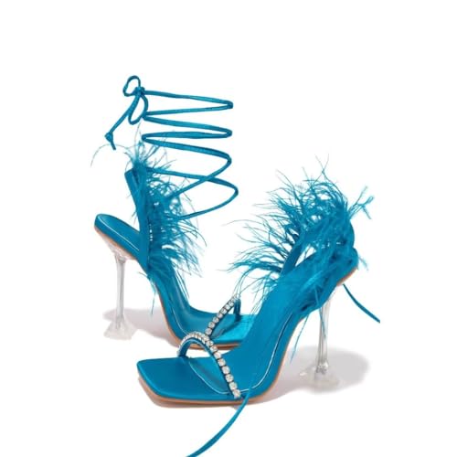 JOEupin Womens Rhinestone Feather Heels Sandals Strappy Lace Up Sexy Stiletto High Heel Party Wedding Dress Shoes2