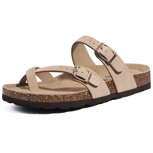 Litfun Women's Suede Cork Footbed Sandals with Adjustable Buckle Apricot 39