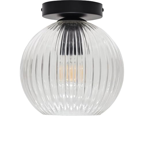 firstchoicelighting Ribbed Glass Globe Ceiling Light Flush Fitting with Black Detail, Modern Low Ceiling Lighting