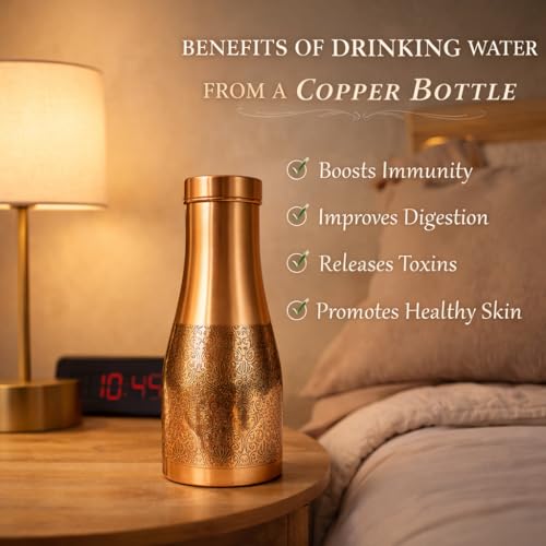 Image of JAIPUR ACE Premium Pure Copper Water Bottle Designer Engraved Leak Proof Ayurvedic Drinking Bottle for Health Benefits Stylish Kitchen Office Use Ideal Gift for Weddings and Occasions(Royal Etching)