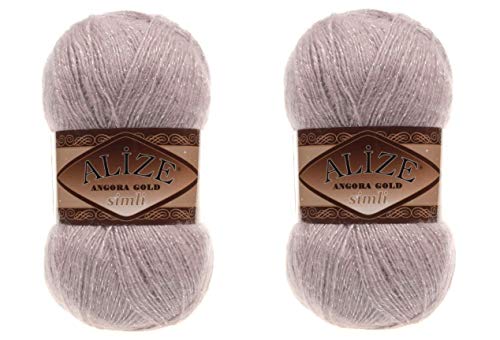 Alize Angora Gold Simli 5 % metálico, 20 % lana, 75 % acrílico, lote de 2 hilos de lana de 200 g de hilo de ganchillo y encaje de ganchillo hilo turco (163 gris rosa)