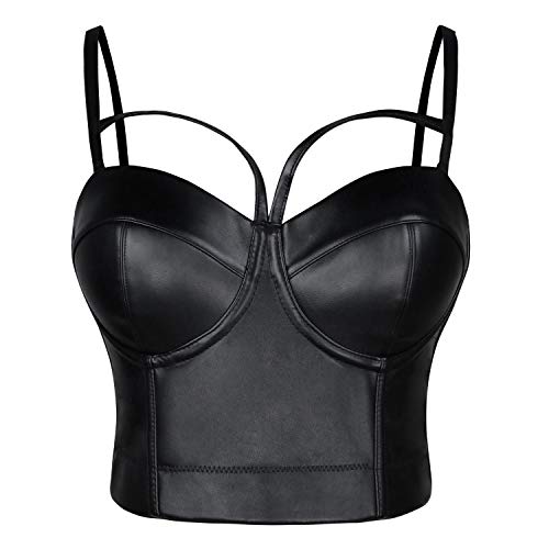 Charmian Women's Spaghetti Straps Gothic PU Leather Corset Club Party Bustier Crop Top Bra Black Medium