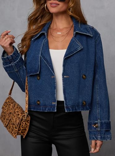 Womens Cropped Double Breasted Denim Trench Coat Vintage Notched Collar Work Office Crop Jean Jacket Belted Cuffs3