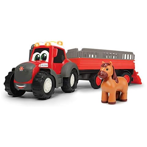 Dickie Toys 203815005 Happy Massey Ferguson, Tractor with Animal Trailer and Horse, Light and Sound, 30 cm, from 12 Months, Red Cover