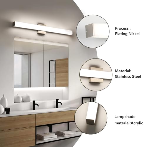 Image of Bathroom Vanity Light Brushed Nickel Square LED 24 inch 14W 4000K Natural White Light Wall Bar Lighting Fixtures Over Mirror (Brushed Nickel, 31.5in 4000K Dimmable)