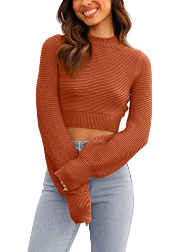 Image of Womens Sexy Crew Neck Cropped Sweaters Knit Long Sleeve Crop Tops Pullover