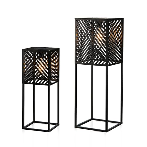 Glitzhome Candeeiros de chão solares para ambientes externos, 2 peças, listras de metal preto, luzes