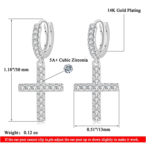 2 Pairs Cross Earrings for Men Hoop Dangle 14K Gold Plated Iced Out Dangling Classical Small 5A+ Cubic Zirconia Pave CZ Huggie Drop Post Earring for Women Jewelry GIFT4