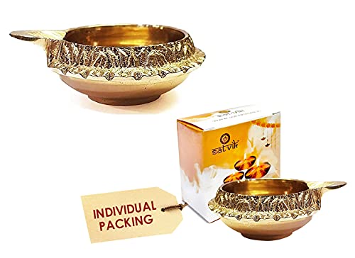 Diwali Diya Indische Pooja-Öllampe, 100 % rein, aus Messing, goldfarbene Gravur, Durchmesser: 6,3 cm, Deepawali Diya/Teelichthalter/Diwali traditionelle...