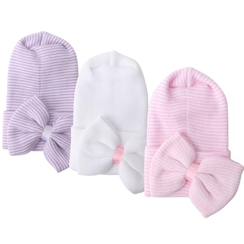 Image of DRESHOW BQUBO Newborn Hospital Hat with Bow Cotton Infant Baby Cap Soft Cute Nursery Beanie Hat for Baby Girl Boy 0-3 Months