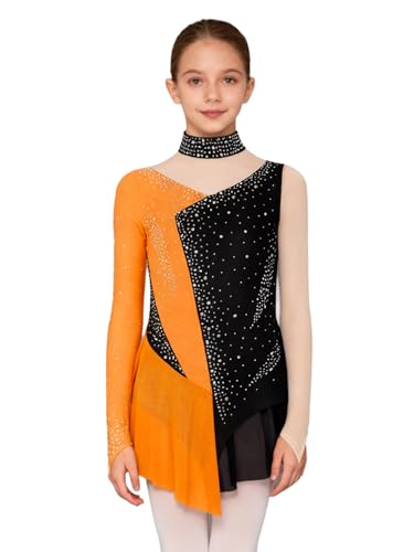 Aislor Maillot Ballet Danza Manga Larga De Lentejuelas para Niñas Vestido Gimnasia Ritmica Disfraz Bailarina Fiesta Actuación Naranja 15-16 años