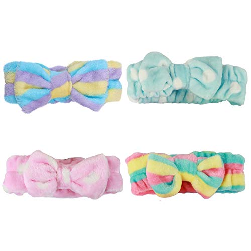 4 diademas de maquillaje para mujeres y niñas, de felpa, con lazo, para la ducha, spa, disfraces y para hacer deporte Cover