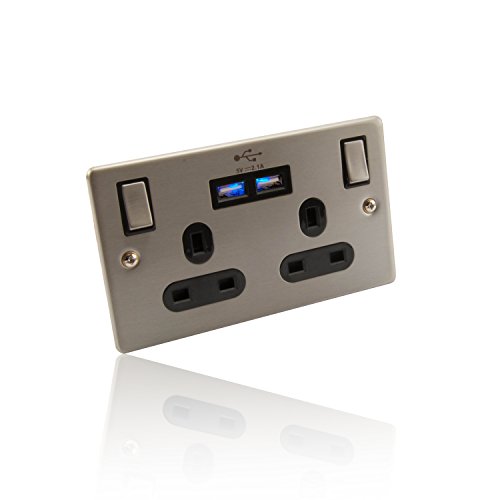 CDL Micro 2-Wege-/2-Gang-UK-Netzstecker und 2 Ampere USB-Buchse/Wandplatte, gebürstetes Chrom