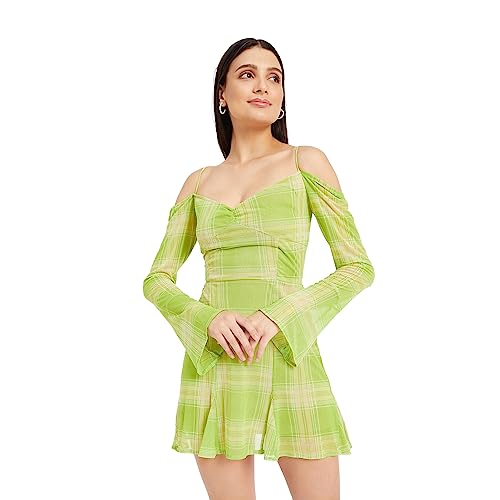 Image of DRAPE AND DAZZLE Printed Mesh Trumpet Sleeve Mini Dress with Tie Detailing for Women