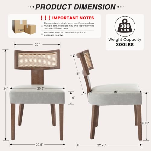 Image of HNY Mid Century Modern Rattan Dining Chairs Set of 2, Farmhouse PU Leather Upholstered Accent Chair Curved Backrest Kitchen Chairs, with Hardwood Frame, Grey