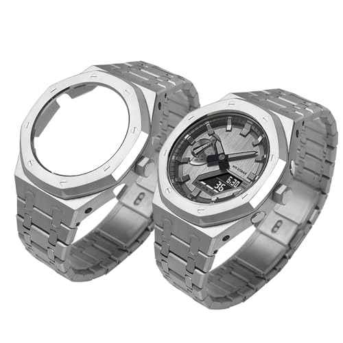 Neuupesen GM-2100 Mod Kit 316L Stainless Steel Case with Crown Side Solid Metal Watchband Strap Bracelet for Men's Watch GBM-2100 Part Replacement (Silver Metal Set, GM-2100/GBM-2100)