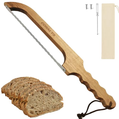 Coralys Bread Knife for Left or Right Hand Use, 16.5” Wooden Bread Slicer for Homemade Bread & Sourdough, Acacia Bow Cutter with Scale and 420 Stainless Steel Blade