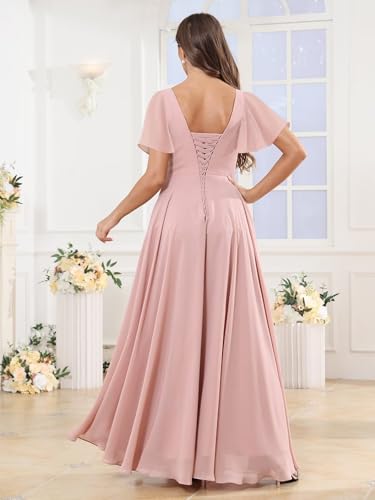 Square Neck Chiffon Bridesmaid Dresses for Women with Sleeve Long Ruffle A-Line Formal Party Gowns with Slit3