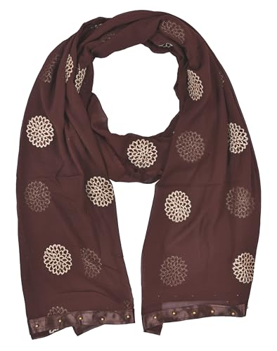 Image of YOUTHQUAKE Golden Floral Embroidery Work Chiffon Dupatta for Womens & Girls with Fancy Moti Lace