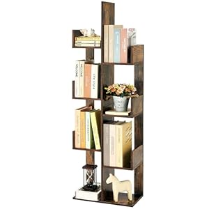 7 Tier Bookshelf, Tree Bookshelf with 8 Book Shelves, Floor Standing Bookcase Display Storage Rack for Books CDs Plants, Wooden Bookshelf for Small Spaces Bedroom Nursery, Rustic Brown