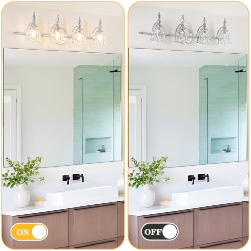 Image of 4 Light Brushed Nickel Bathroom Light Fixture, Antique Vanity Light with Flower Glass Shade, Bathroom Vanity Light Over Mirror, Farmhouse Sconces Wall Lighting for Hallway Livingroom Bedroom