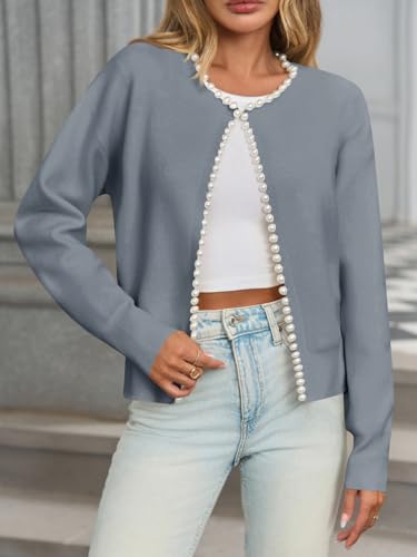 Image of Saodimallsu Womens Fall Open Front Cardigan Sweaters Pearl Long Sleeve Knit Tops Crewneck Dressy Casual Sweater Jacket