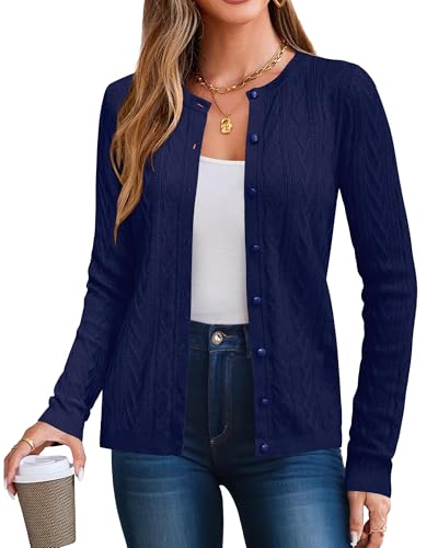 Arach&Cloz Damen Strickjacke Leichte Früling Sommer Rundhals Ausschnitt Cardigan Strickweste mit Tasche Marine Blau, M
