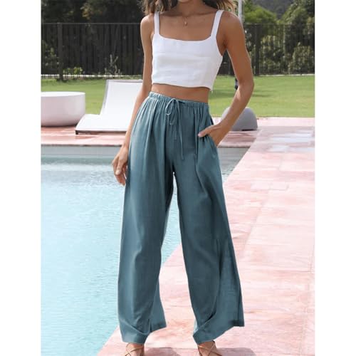 Image of Duyang Womens Cotton Linen Palazzo Pants Drawstring Elastic Waist Casual Wide Leg Trousers with Pockets