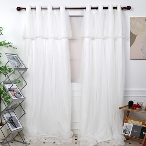 INLINAS 52W x 84L Inch Blackout Curtains with Wedding Backdrop Style Sheer Layer Thermal Noise Reduction for Bedroom and Living Room Energy Saving Panels, White Curtains with White Sheer