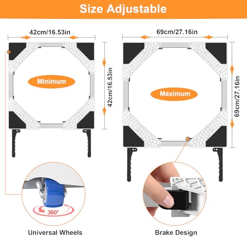 NIUXX Universal-Waschmaschinen Untergestell Mit 360°-Lenkrollen für müheloses Manövrieren, Anti-Vibrationsfunktion, Einstellbare Bremsen, Größenverstellbar, für 42-69 cm gestapelte Waschmaschinen