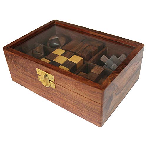 Image of ITOS365 Wooden Puzzle Gift Set - 6 Puzzles in a Wood Box | 3D Brain Teasers for Adults & Teens | Interlocking Puzzle Collection | Unique Gift Idea