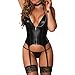 Satohom Women Faux Leather Lingerie Valentines Teddy Bodysuit with Garter Belt Zipper PU Corset Top Babydoll Outfit Black