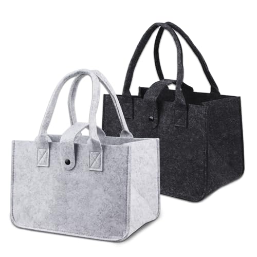 2 Stück Filztasche Klein Einkaufstasche Filztaschen Shopper Faltbar Filzkorb Tragetasche Shopping Bag Tasche Filz zur Einkaufen Ausgehen Aufbewahrung Picknick 30x20x18cm (Schwarz + Grau )