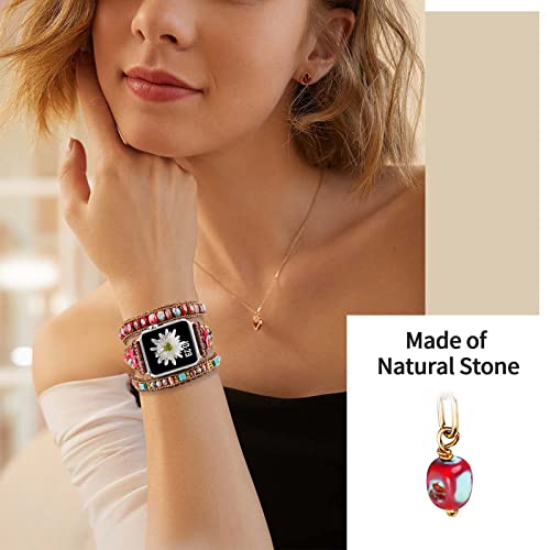 Handmade Boho Watch Band Compatible with Apple Watch 49MM 45MM 44MM 42MM 41MM 40MM 38MM Beaded Wrap Bracelet for iWatch Ultra, Series SE/9/8/7/6/5/4/3/2/1, Fancy Strap for Women