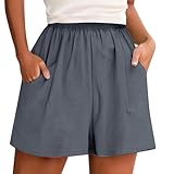 Pantalones Cortos de Lino Mujer Verano Tallas Grandes Color Sólido Sueltos Pantalón Corto Cintura Alta con Cordones Deportivos Short con Bolsillos Casual Transpirables Bermudas