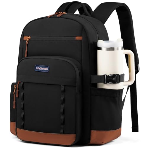 LOVEVOOK Laptop Backpack for Women with Large Cup Holder 15.6 Inch DIY Design Travel Work Backpack Computer Laptop Bag Waterproof Nurse Teacher College Backpack Purse Gifts for Women Men Brown-Black