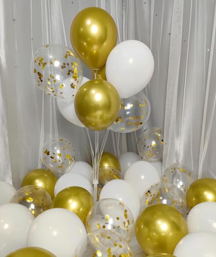 Image of 300 Pack Gold and White Balloons 12 Inch Gold Confetti Balloons for Various Party Events Decorations