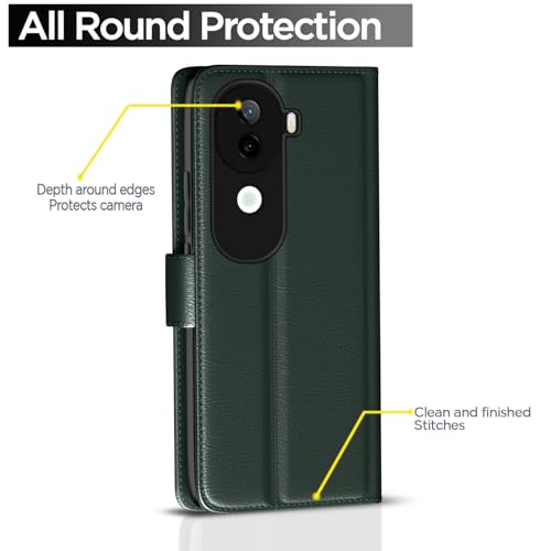 Image of Pikkme Flip Cover Leather Finish | Inside TPU with Card Pockets | Wallet Stand and Shock Proof | Complete Protection Button Flip Case for Vivo V40e 5G / iQOO Z9s 5G(Green)