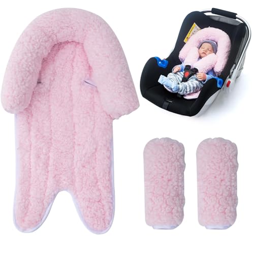 Image of Winter Infant Car Seat Insert, Newborn Car Seat Head Support with 2 Car Seat Strap Pads, Plush Fleece Car Seat Cushion for Baby, Warm Stroller Padding for Swing, Bouncer, Rocker, Carseat