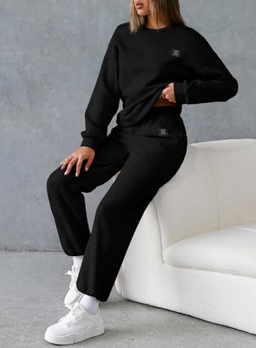 Herseas Womens 2 Piece Letter Patched Outfits Textured Long Sleeve Crewneck Sweatshirt with Jogger Pants Lounge Set2