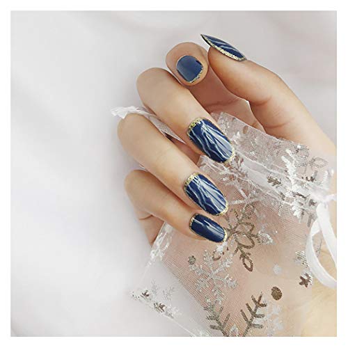Drecode False Nails Bling Gold Paillette Full Cover Blue Fake Nails Elegant Wedding Birthday Party Clip on Nails for Women and Girlsï¼ˆ24Pcs)