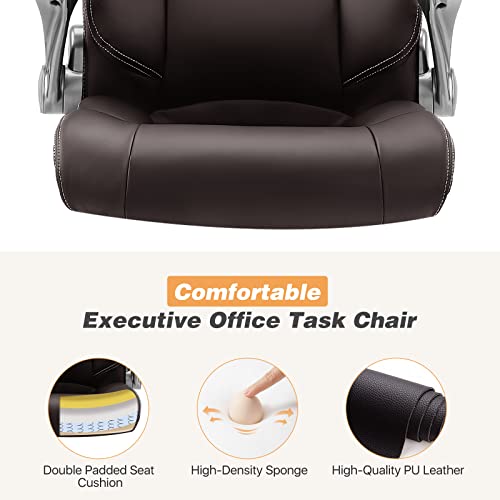 Office Chair Home Ergonomic Computer Hight Back Executive Desk Chairs, Adjustable Height Flip-Up Armrest Lumbar Support And Tilt Swivel Rocking Pu Leather Chairs With Wheels Brown #TOP5