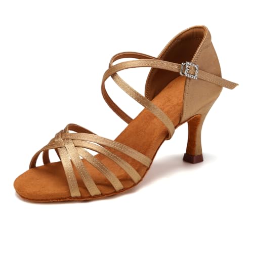 HIPPOSEUS Women's Professional Latin Dance Shoes Beige Satin Ballroom...