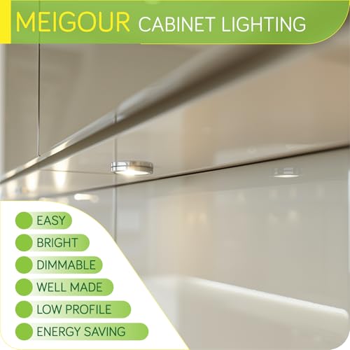 Image of Under Cabinet LED Puck Lighting, Single Light for Hutch Bookcase Display Shelf Lighting, Rotary Dimmer Switch, 120VAC Plug in, Black Cord, Warm White