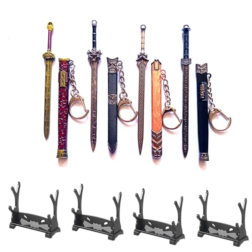 4 mini samurai sword key chains antique sword letter opener with sheath and display stand decorative letter opener sword display item (famous sword 4)